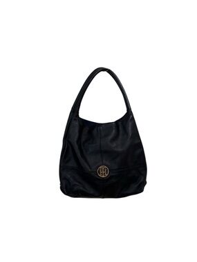 Tommy Hilfiger black leather classic shoulder catch all work tote purse bag